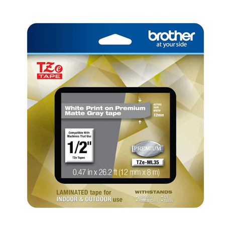 Brother White Print on Premium Matte Gray Laminated Tape for P-touch Label Maker, 12mm (0.47") wide x 8m (26.2’) long — Being Shipped