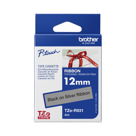 Brother P-touch Embellish Black Print on Silver Satin Ribbon 12mm (~1/2") x 4m — Being Shipped