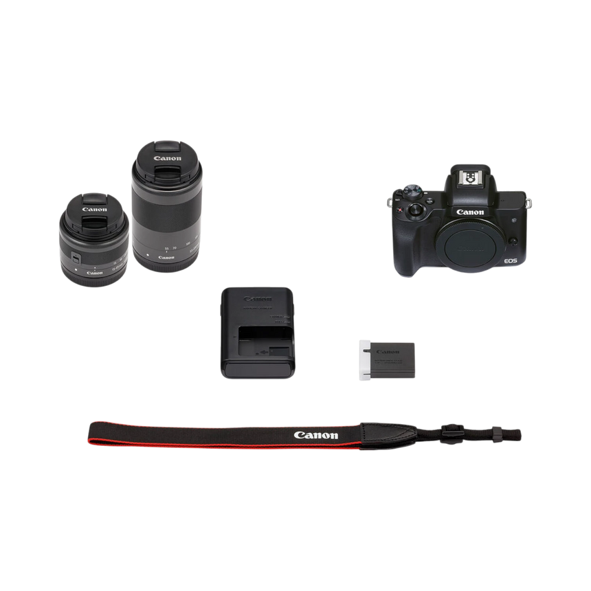 Canon EOS M50 Mark II Mirrorless Camera with 15-45mm and 55-200mm Lenses (Black) — Being Shipped
