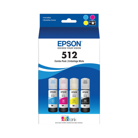 Epson T512 EcoTank Ink Bottle Multi-Pack (Cyan, Magenta, Yellow, Photo Black) — Being Shipped