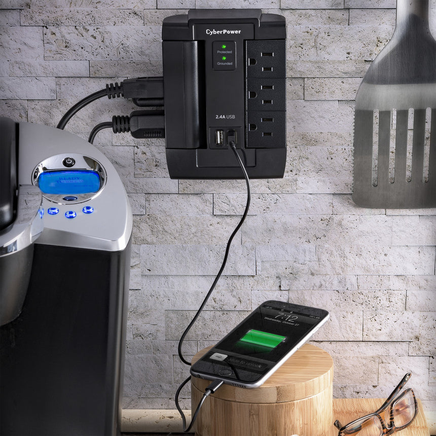 CyberPower P600WSURC1 6-Outlet Home Office Surge Protector (Black, Wall Tap) — Being Shipped