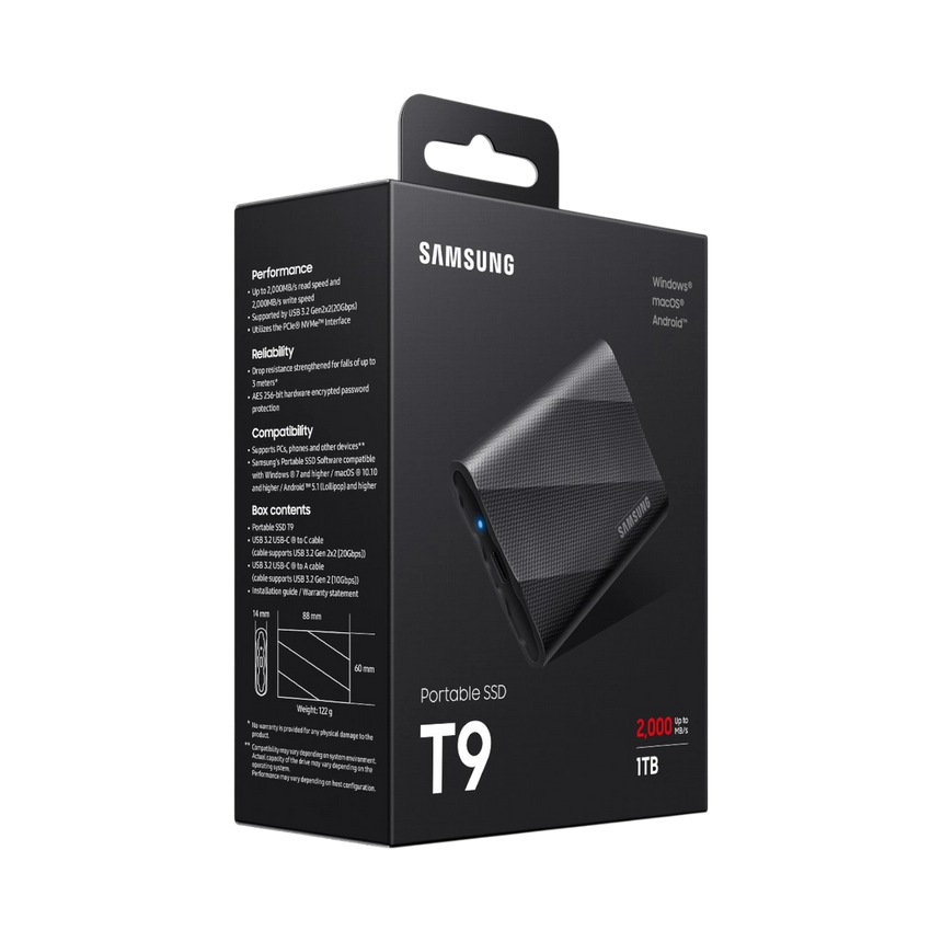 Samsung T9 1TB USB-C 3.2 Gen 2x2 Rubber Portable SSD (Black) — Being Shipped