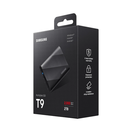 Samsung T9 2TB USB-C 3.2 Gen 2x2 PCIe Rubber Portable SSD (Black) — Being Shipped