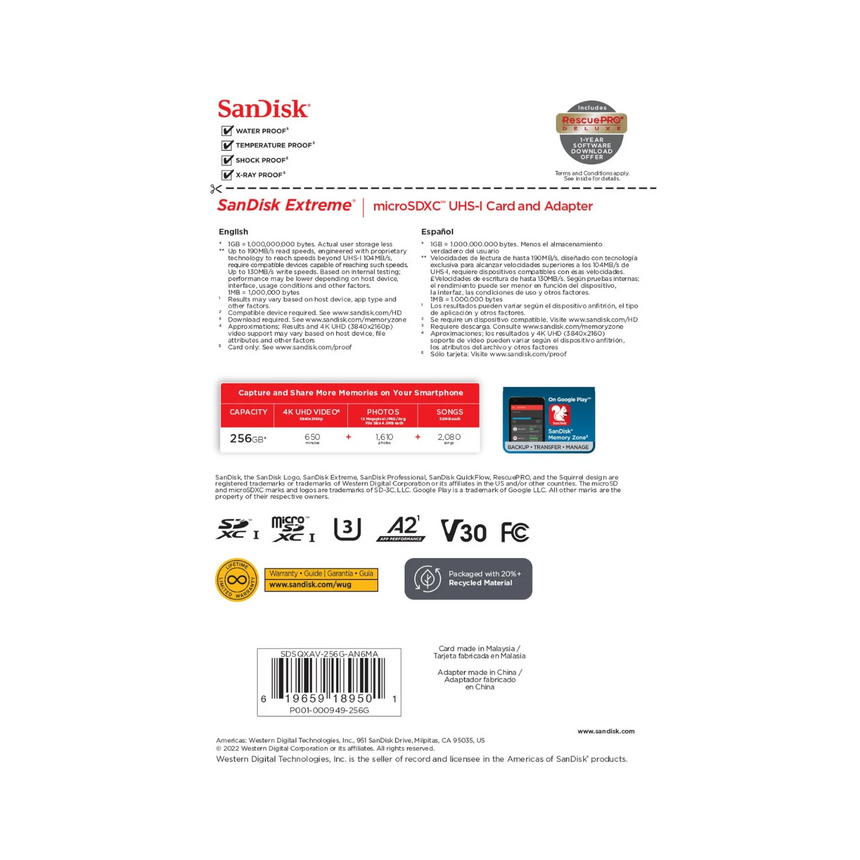 SanDisk Extreme 256GB UHS-I microSDXC Memory Card with SD Adapter — Being Shipped