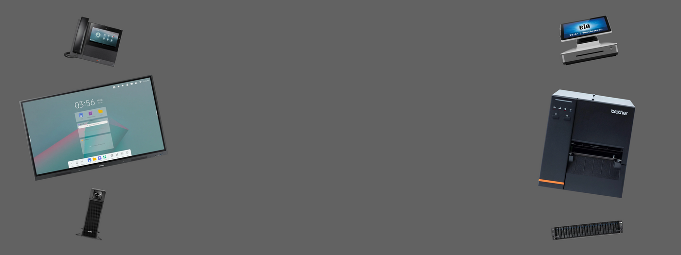 Collection of enterprise electronic devices on a gray background