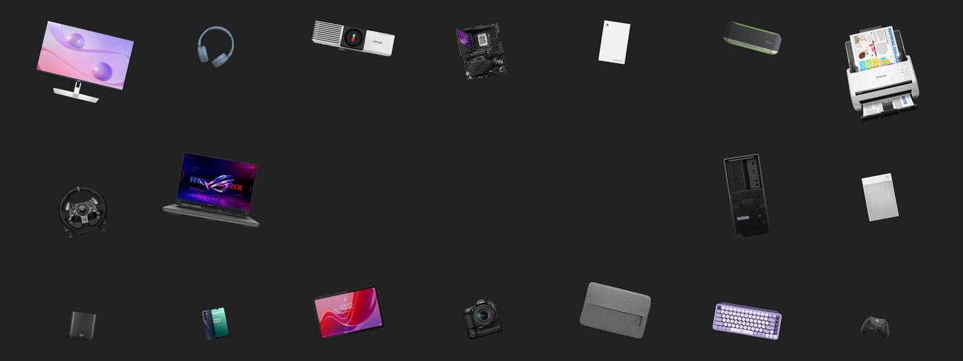 Various electronic devices on a black background